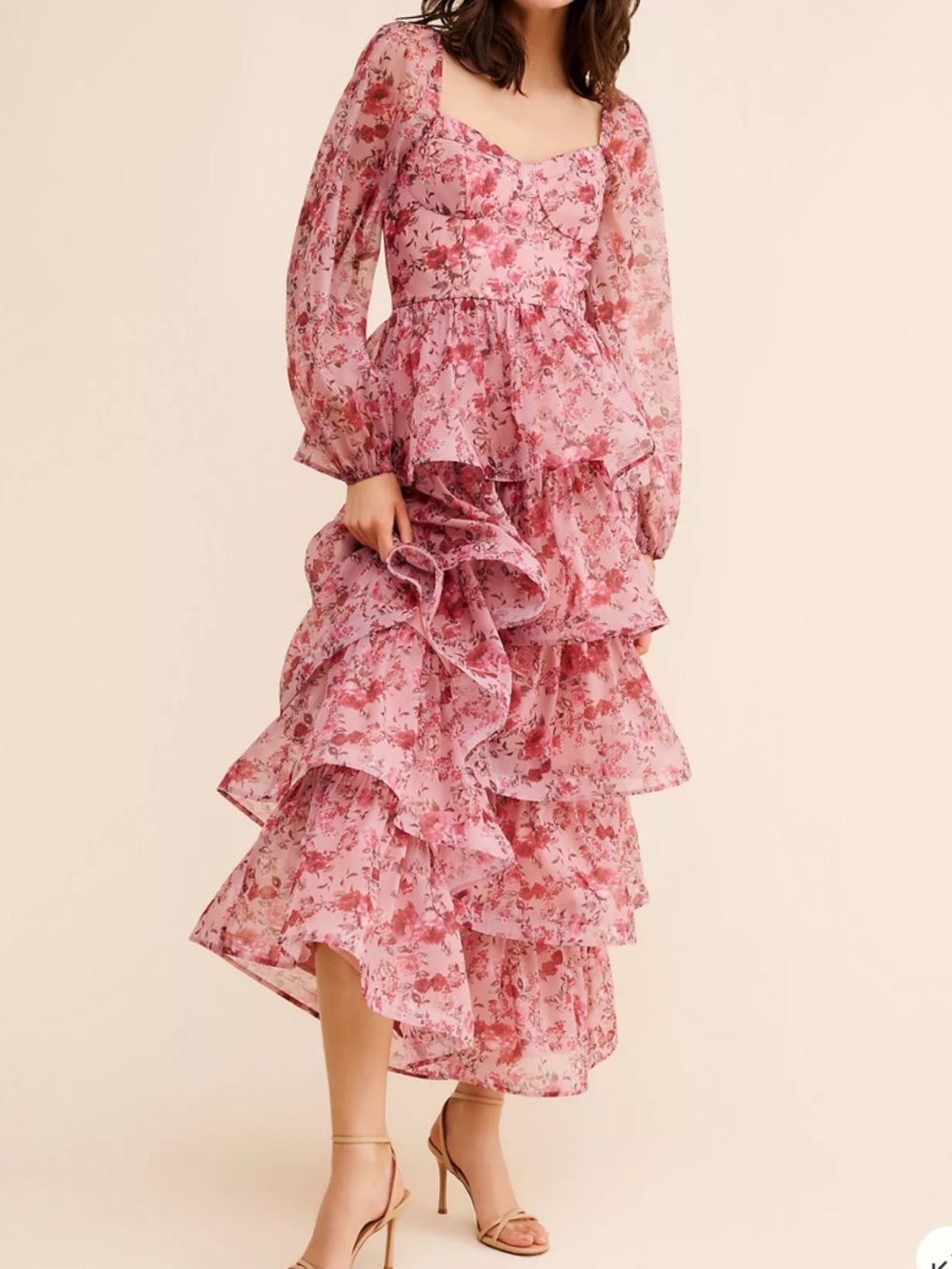 ANTHROPOLOGIE Romantic Garden Tiered Long Sleeve Floral Maxi Dress